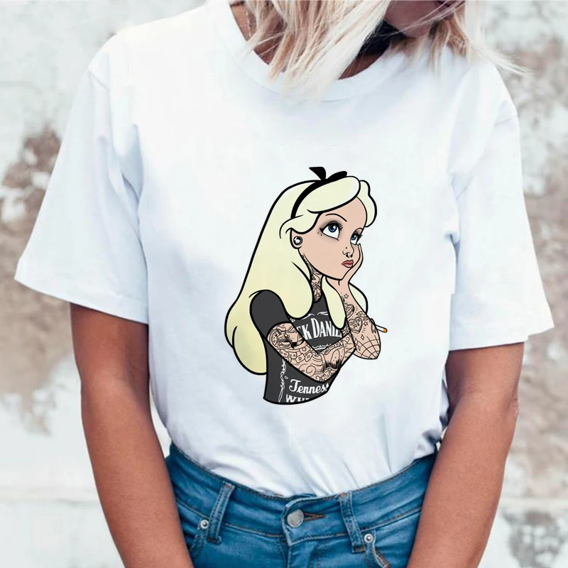 

Harajuku T Shirt Women Cartoon Tattoo Alice Princess Printing Top Tee Punk Women Short Sleeve T Shirts Plus Size Female Clothing