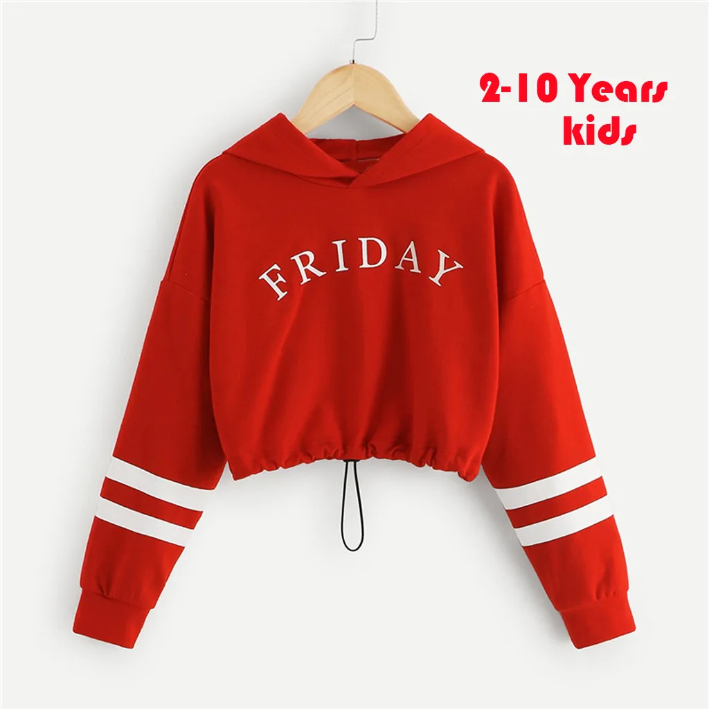 Letter Eye Print Girls Crop Hoodies Pullover Tops Autumn Korean Fashion Long Sleeve Crop Sweatshirts For Girl Kids Clothes