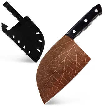 

High Carbon Stainless Steel Butcher Knife Chef Knives Meat Cleaver Laser Leaf Pattern Slicing Chopper Knife With Knife Sheath