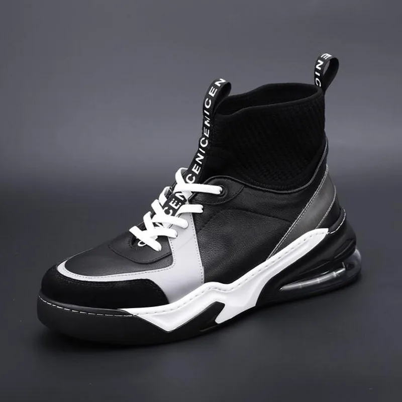 Personality Mixed Color Leather Patchwork Mens Outdoor Sport Shoes Lace Up Thick Bottom Increase Stretch High Top Casual Shoes
