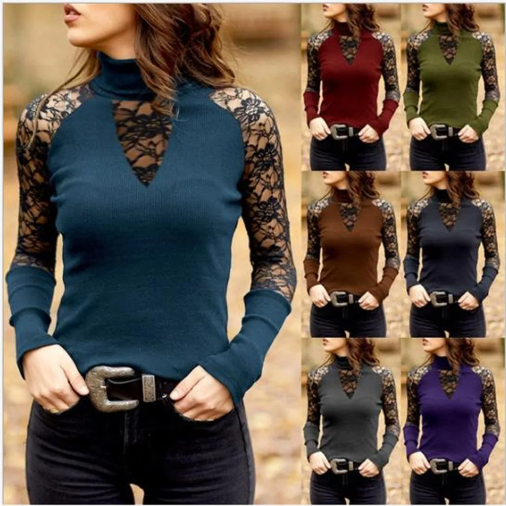 

Oversized Tshirt Women Slim Lace Patchwork Long Sleeve Tops Fashion Pullover Turtleneck Autumn Female Tee