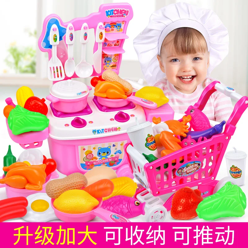 Игровой домик для девочек, кухонный обеденный стол, игрушечный кухонный набор кухонной посуды, модель, детский слайсер, корзина для покупок, 3-6 лет