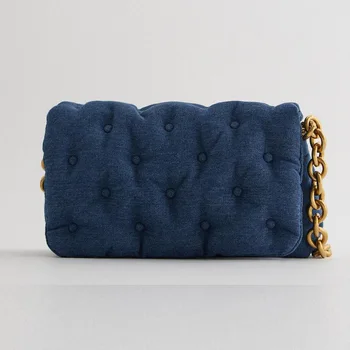 

2020 popular brand luxury designer thick chain handbag blue oversized messenger bag retro denim stitching one shoulder big walle