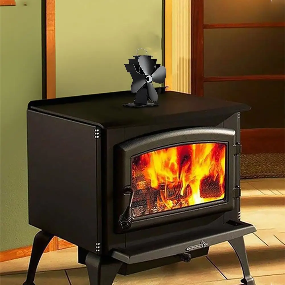 

Black Fireplace 4 Blade Heat Powered Stove Fan Log Wood Burner Eco Friendly Quiet Fan Home Efficient Heat Distribution