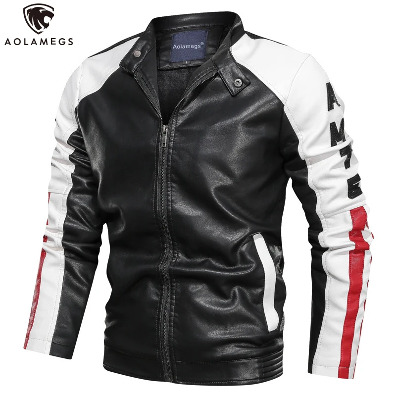 

Aolamegs Thin Jacket Men Simple Casual Solid Patchwork Color Clothing Stand Collar Slim Leather Outerwear Coat Spring Autumn