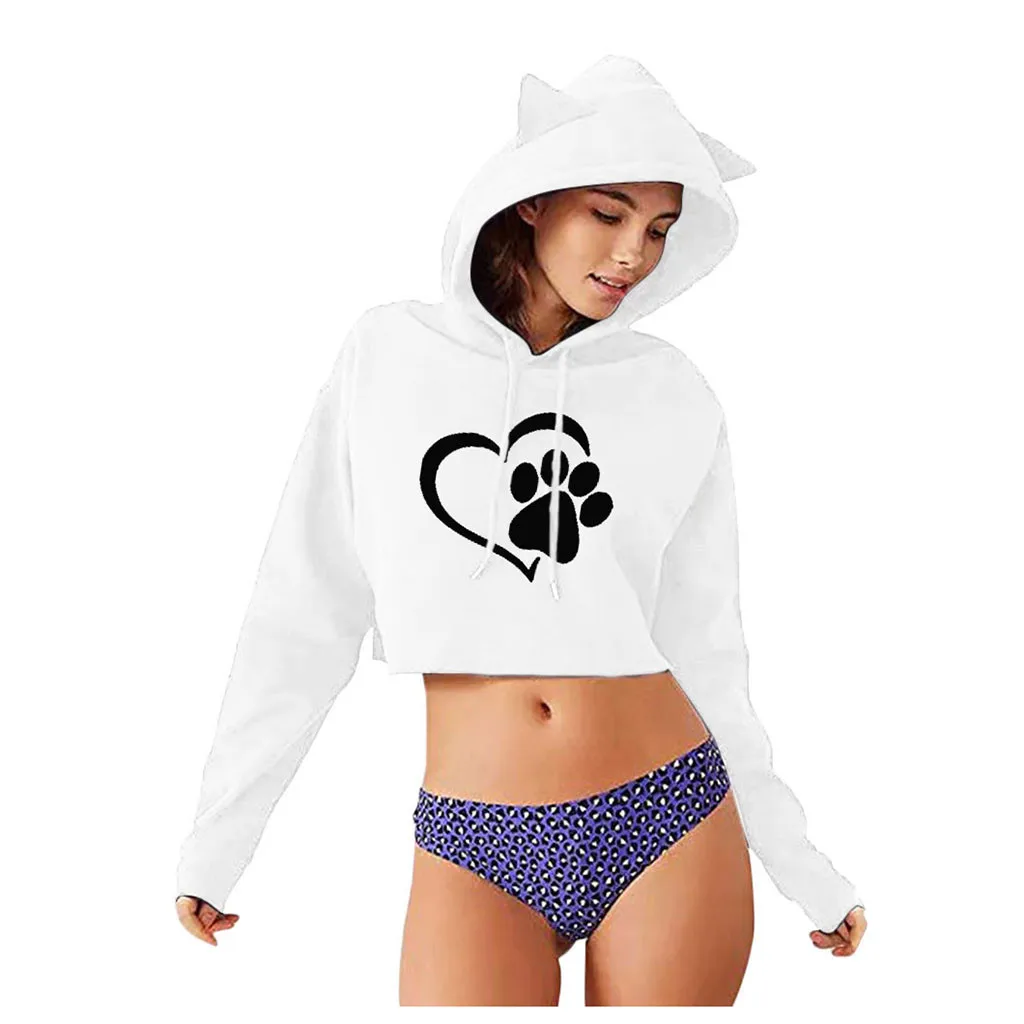 Милые свитшоты с кошачьими ушками женские короткие толстовки sudadera осенние женские пушистые шляпы с капюшоном пуловер Черный Белый kpop