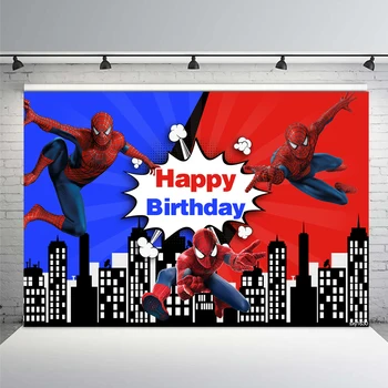 

Superhero Spiderman Building Backdrop Red Blue Happy Birthday Boys Photography Backgrounds Photo Studio Vinyl Polyester