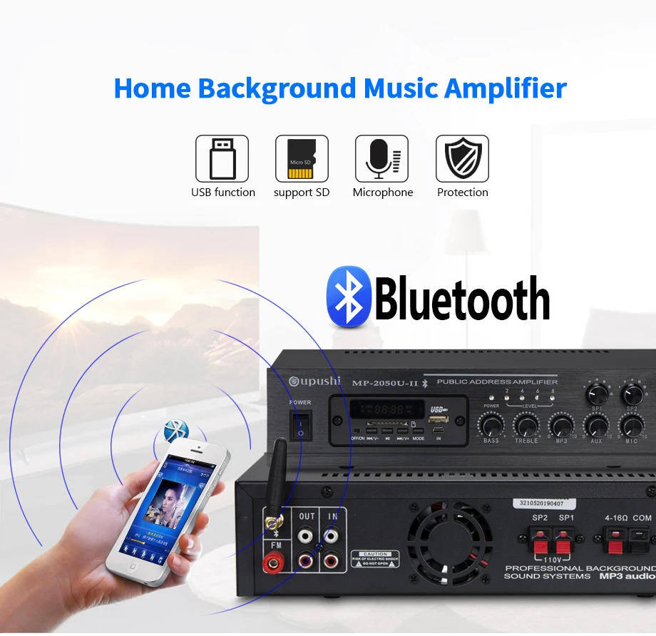 Oupushi MP-2050U+ CE502 усилитель мощности, Bluetooth фоновая музыкальная система, посылка, можно использовать смартфон, управление Bluetooth