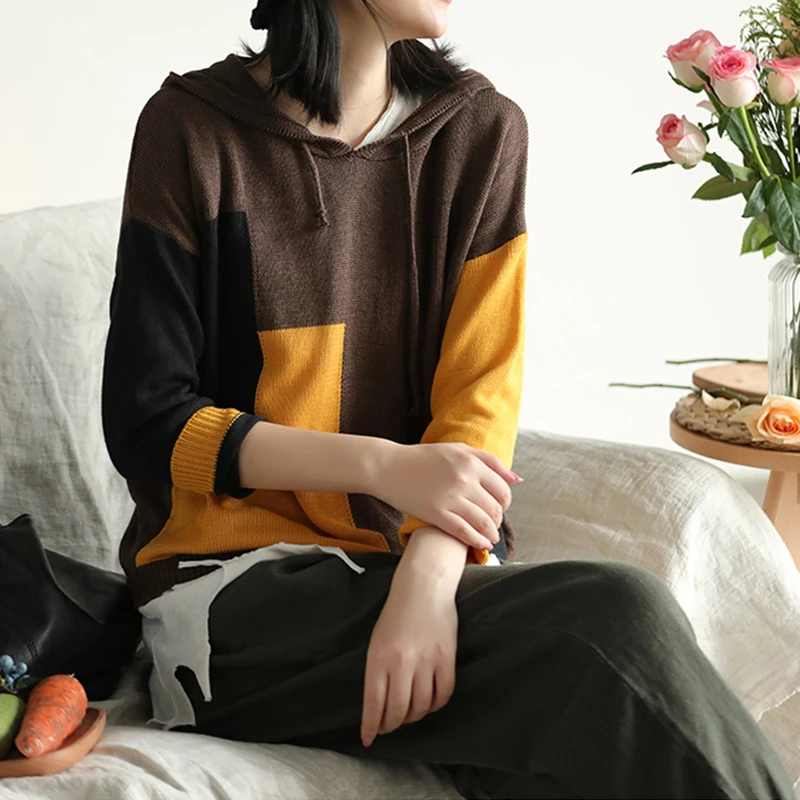 

Johnature New Hooded Knitting 2019 Autumn Casual Loose Pullover Women Sweaters Splice Colors Simple Render All- match Sweaters