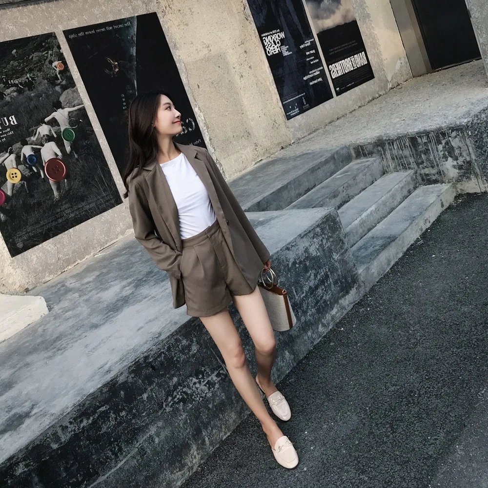 

2018 Early Autumn New Style WOMEN'S Dress Retro Laziness-Style Small Suit Coat + Wide-Leg Shorts Two-Piece Suit Set