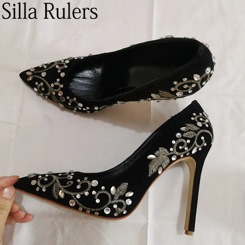 Silla liners/пикантные туфли лодочки на высоком каблуке с вышивкой и серебряной нитью