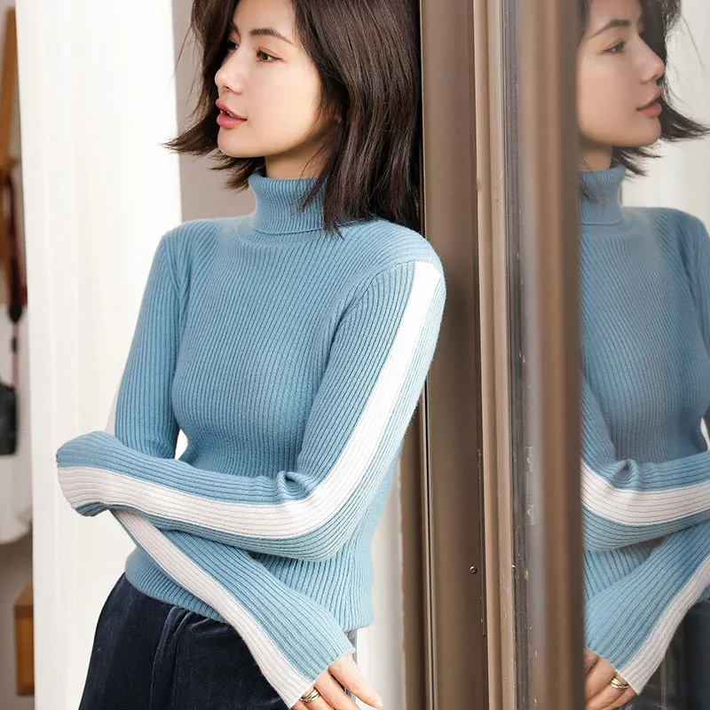 Sky Blue Adishree женский зимний кашемировый свитер и auntmun трикотажные пуловеры высокого качества теплая Лоскутная утолщенная водолазка - Цвет: Sky Blue