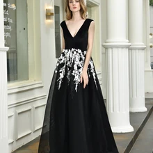 Черные платья для выпускного вечера Vestido Formatura велюровые трапециевидные белые цветы Жемчуг Глубокий v-образный вырез Длинные тюлевые вечерние платья для прогулки рядом с вами