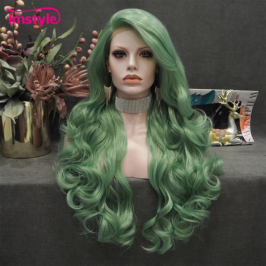 Imstyle Green Wig Long Synthetic Lace Front Heat Resistant Fiber Natural Wavy Glueless Wigs For Women Cosplay | Шиньоны и парики