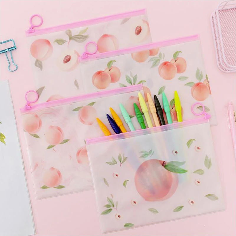 

Pink Peach Pencil Case Office Stationery And School Supplies High Capacity PVC Material Pencil Bag 1PCS