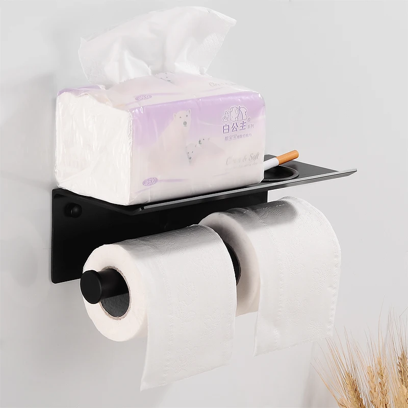 Держатель для туалетной бумаги Черный с полкой алюминиевые бумажные полотенца Держатель для полотенец Настенный Металлический рулон держатель для бумаги крышка для пепельницы