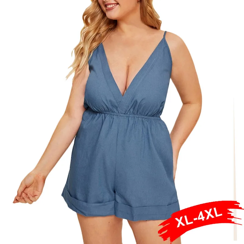 

Summer Plus Size Skinny Cold Shoulder V Neck High Waist Blue Denim Romper 3XL 4XL Women Sexy Bodysuit Stretch Overalls For Women