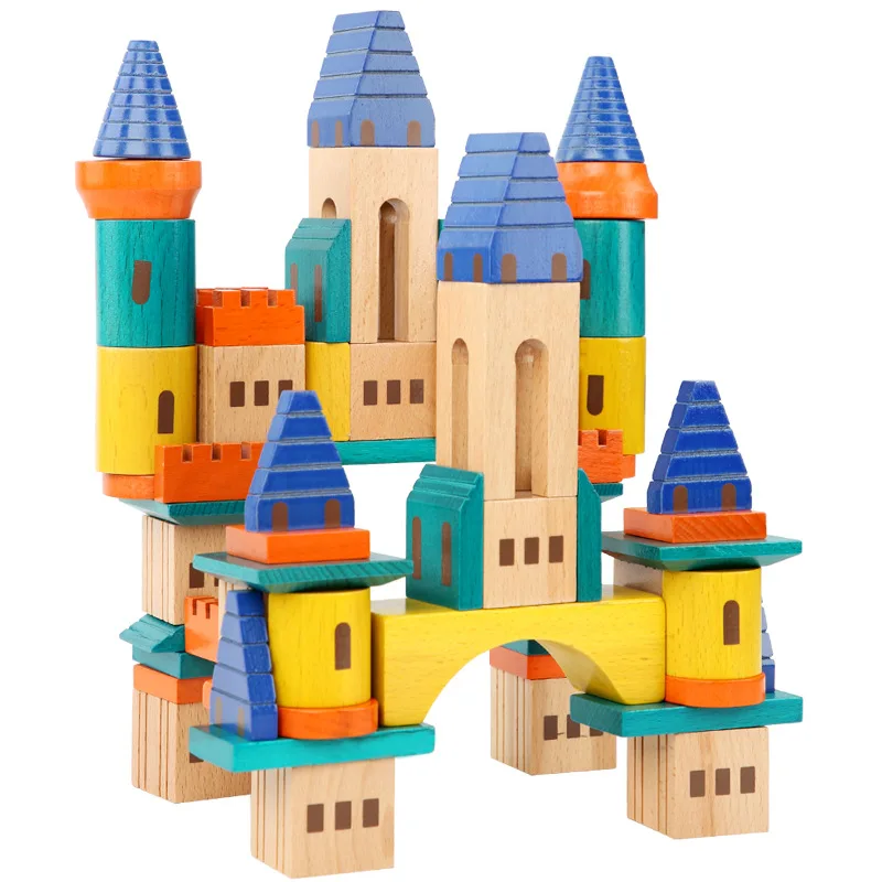 Высокое качество Деревянные игрушки строительные блоки набор в башенный замок дизайн 69 шт