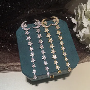 

Micro Paved Cubic Zirconia Moon Star Drop Earrings For Women Luxury Multi-layer Five-pointed star Tassel Long Earrings Gifts