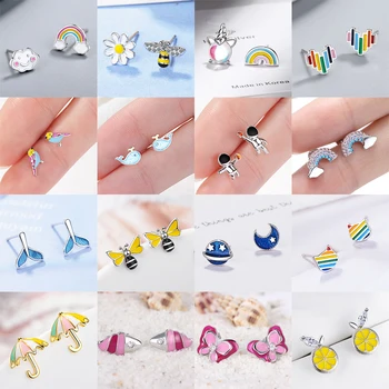 

FENGLI Lovely Children Stud Earrings Oil Bee Whole Cartoon Small Earring Silver Color Rainbow Colorful Jewelry Women 2019 Gift