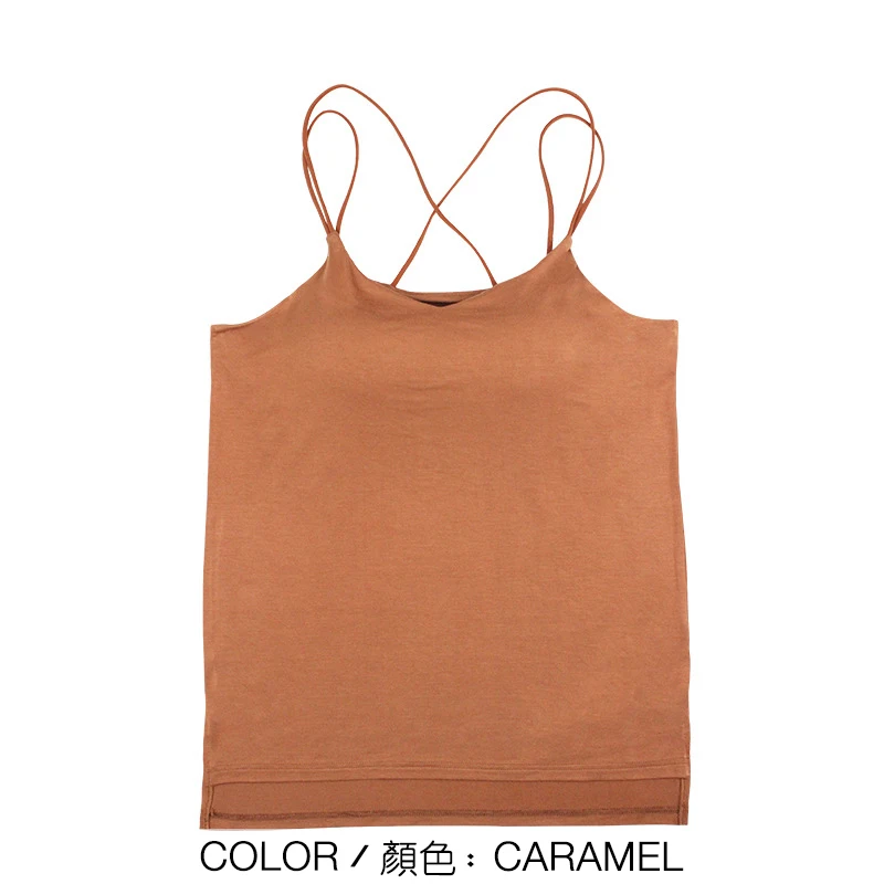 CARAMEL Женские Лифчики, топы из модала, встроенный бюстгальтер с мягкими чашечками, красивая спина, вырез лодочкой, без рукавов, кружевные, простые, эластичные, SA0081 - Цвет: CARAMEL