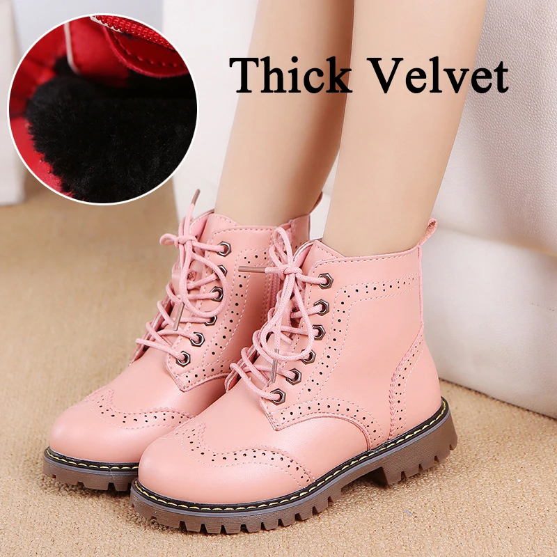 Thick Velvet Pink Зимняя обувь; Ботинки martin для девочек; модные кожаные ботинки с боковой молнией для мальчиков; бархатные теплые детские зимние ботинки; детская обувь - Цвет: Thick Velvet Pink