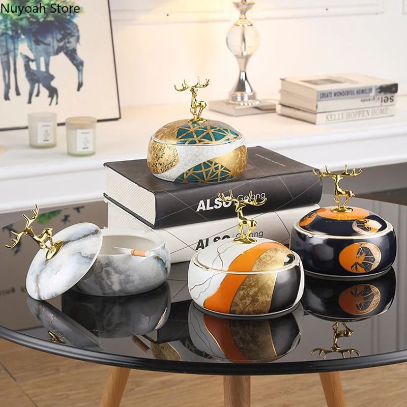 

High-grade Golden Elk Ceramic Ashtray Home Anti-fly Ash Storage Box with Lid Ornaments Luxury Living Room Decoration Accessories