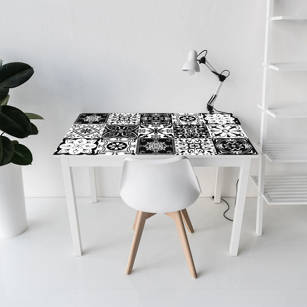 Black & White Pattern Matte Surface Floor Sticker Adhesive Tile Decoration Film For Tiles /Ground in Kitchen Bathroom Non-slip decorative tile stickers