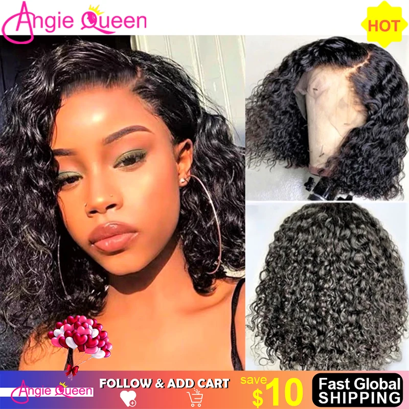 ANGIE QUEEN Water Waves Bob Wig Lace Front Wigs Brazilian Hair Wigs Wavy 4X4 Closure Hair Short Human Hair Wigs For Black Women