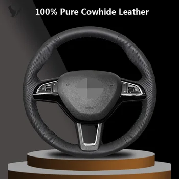 

Black Genuine Leather Car Steering Wheel Cover for Skoda Octavia 2017 Fabia 2016 2017 Rapid Spaceback 2016 Superb (3-Spoke）