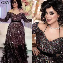 Sparking блесток с открытыми плечами платья с перьями для выпускного вечера с Длинные рукава Арабский Длинные Для женщин Формальное вечернее платье вечерние платья