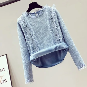 

Lace Bloue And Shirts For Womens Blue Mesh Long-Sleeved Thicken Warm Fleece Office Lady Elegant Shirts Outwear Tops