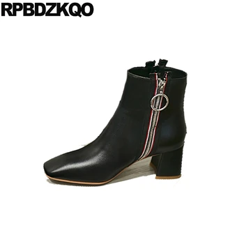 

genuine leather side zip boots thick fur autumn designer women square toe 2019 black chunky winter booties ankle shoes block new