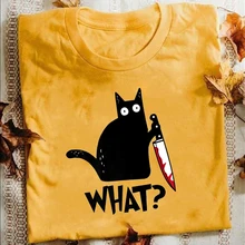 Cat What t shirt killous Cat с ножом Забавный подарок на Хэллоуин футболка унисекс хлопковая футболка s для мужчин и женщин