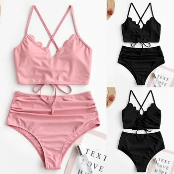 

2020 New Sexy Women Bikini Set Women Sexy Scalloped Lace-up Ruched Tankini Swimsuit Swimsuit Beachwear