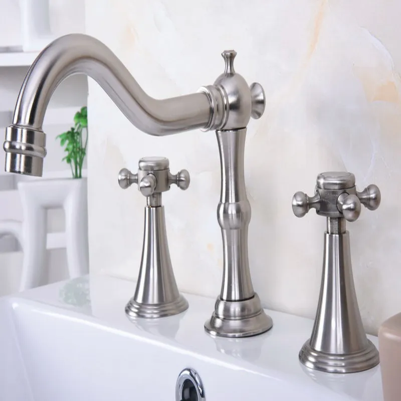

Deck Mounted 3 Holes Bath Tub Mixer Tap Brushed Nickel Brass Widespread 2 Handles bathroom basin Faucet abn019