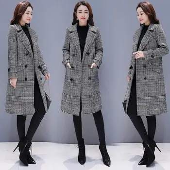 

Winter Women Wool Blends Plaid Trench Coat Elegant Casual Loose Thick Overcoat Female Cashmere Overcoat