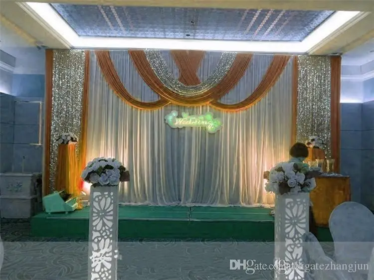 20ft*10ft Luxury ice silk Wedding Backdrop Stage Curtains with swags Silver Sequin Fabric Wedding Props Satin Drape curtain party decoration