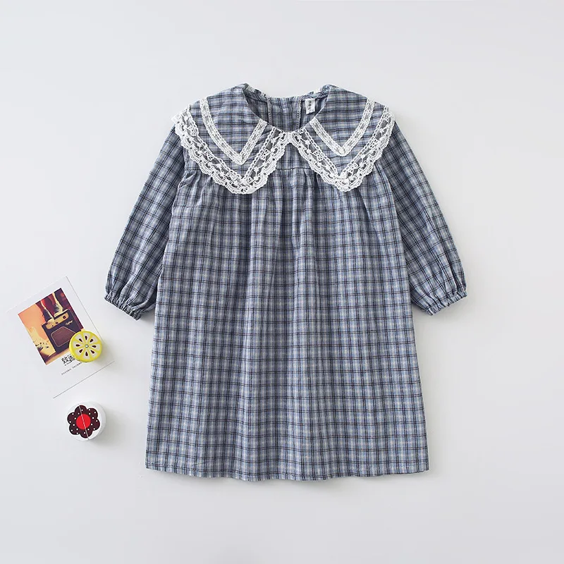 Baby Girls Plaid Dress Korean Style Autumn New Chic Children Princess Dresses Lace Collar Robe Toddlers Kids Clothes