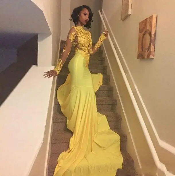

Pretty Yellow African Lace Appliqued Prom Dress Mermaid Long Sleeve Evening Party Gown Custom Made Plus Size South African 2019