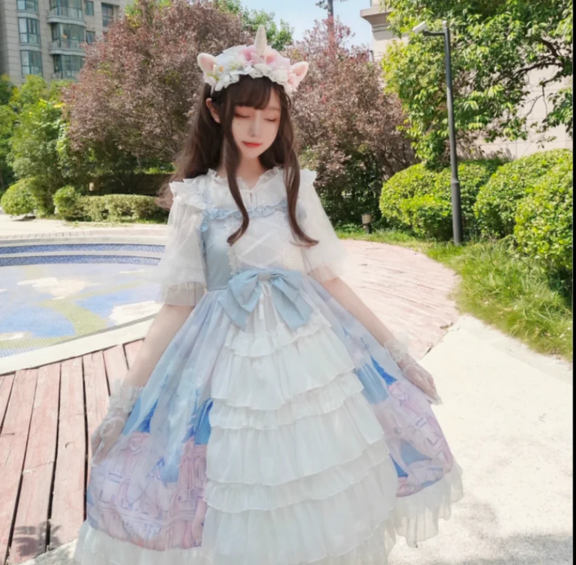 Принт замка в небесах, высокая талия, кружевное милое японское платье в стиле колледжа, каваи, готическое платье Виктории, дворца, Лолита, jsk