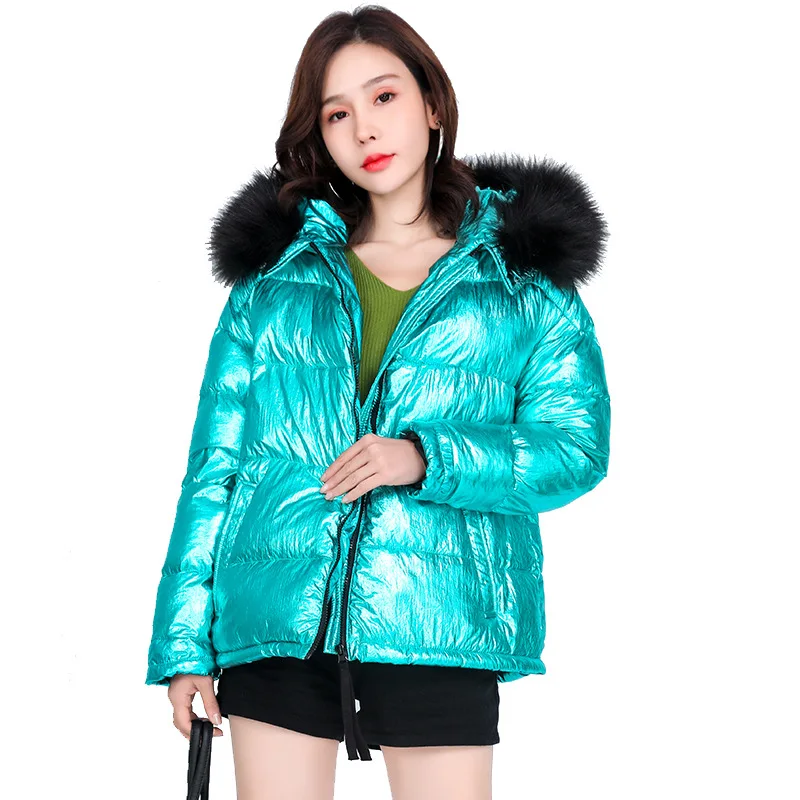 Женское зимнее пальто, теплое, плотное, с капюшоном, с воротником из искусственного меха, пуховик, короткая, стильная, однотонная, металлический цвет, женская мода, парки LS251