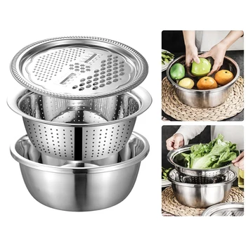 

Kitchen Colander 3-in-1 Fruits Strainer Sink Basin Washing Salad Mixing Bowl