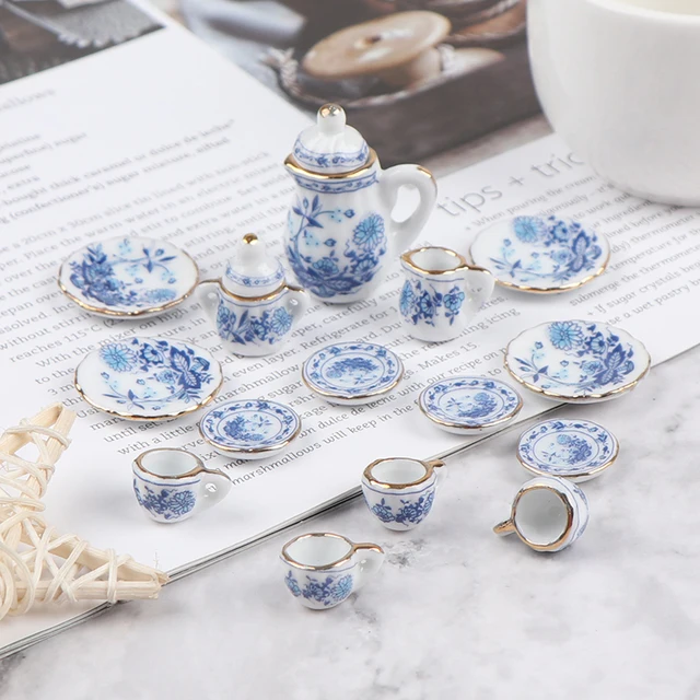 15Pcs 1:12 Miniature Porcelain Tea Cup Set  Flower Tableware Kitchen Dollhouse Furniture Toys For Children Tea Cups Dollhouse 5