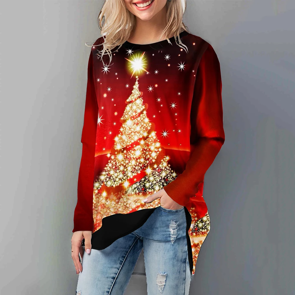 Christmas Red Футболка с принтом Золотой рождественской елки, Женская Красная рождественская футболка с длинными рукавами и круглым вырезом, Женская Праздничная футболка с неровным подолом, Camista Mujer D30 - Цвет: Christmas Red