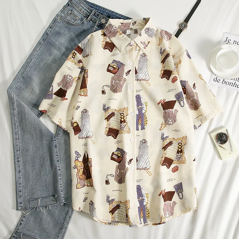 Streetwear Short Sleeve Women Blouses School Work Office Shirts Casual Tops Ladies Cartoon Print Shirt Women Fashion Clothing