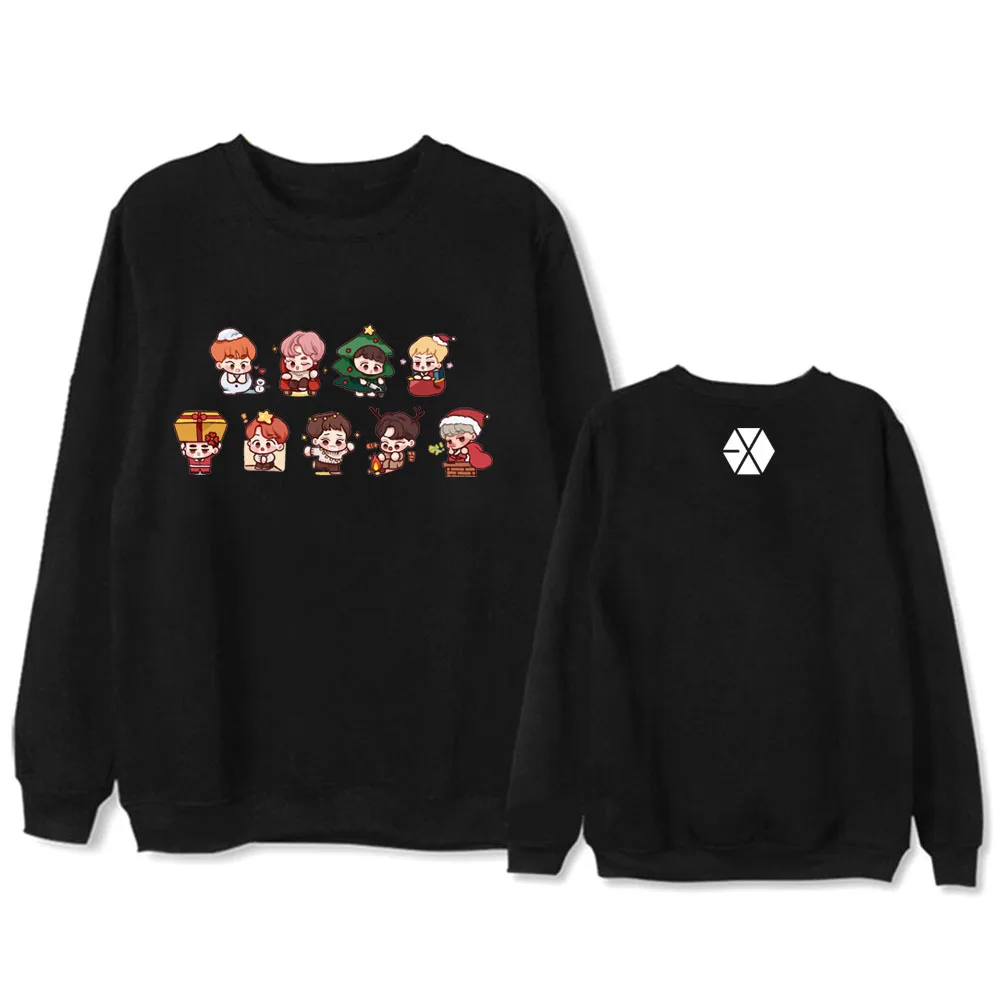 Kpop Черный Розовый EXO мультфильм свитшот с круглым вырезом женские зимние теплые пуловеры хип-хоп Уличная кавайная толстовка женская одежда - Цвет: EXO