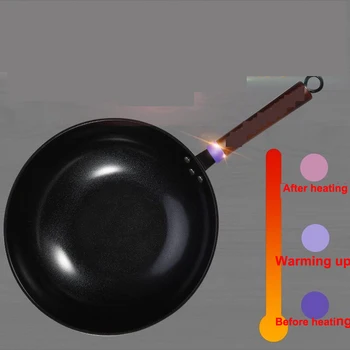

Iron Wok Home Uncoated Manual Non-stick Pan Gas Stove Induction Cooker Wok Frying Pan Cooking Non Stick PanThermal Colour Handl