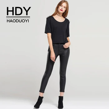 

HDY Haoduoyi New Fashion Autumn Stylish Sexy Solid High Waist Thin Section Coated Faux Leather Skinny Stretch Tights