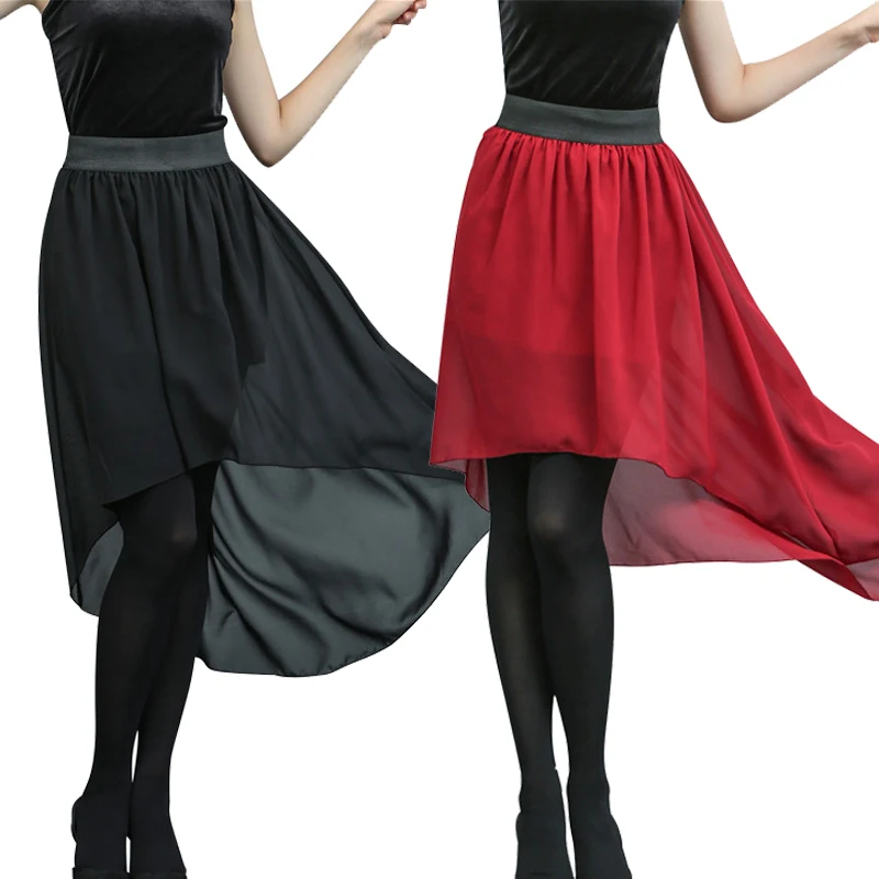 Bohemian Style Dip Hem Long Chiffon Skirts Elastic Waist High Low Long Pleated Asymmetric Solid Color Chiffon Skirts 4 Colors